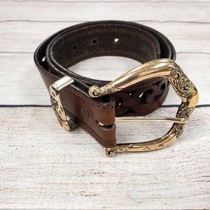 Brighton Cut Out Leather Belt Brown Silver Tone Metal Size L 34 Vintage